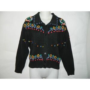 BAMBU Sweater Cardigan Medium Black Western Bead Fringes Embroidery Vintage‎